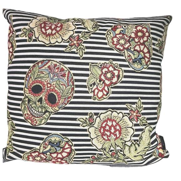 Sugar Skull Floral Embroidered Pillow 18x18" Black Velvet Back Zip Art Deco Boho - Picture 1 of 9